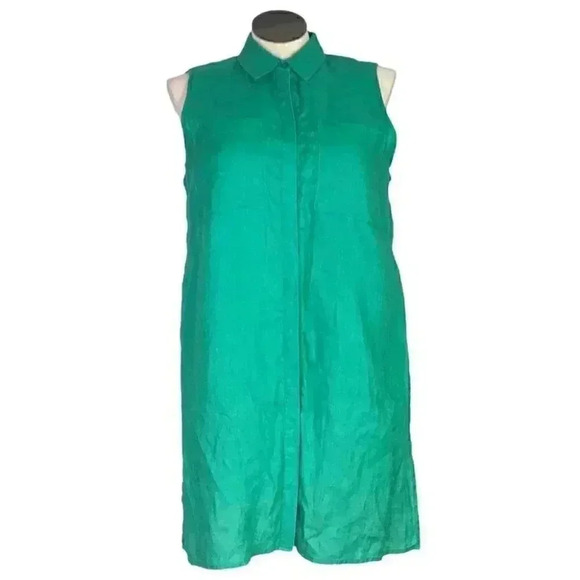 Chicos Women 2 L Washable Linen Button Up Lagenlook Tunic Top Slit Pocket Green - Picture 1 of 7